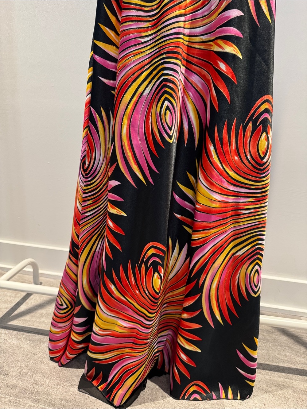 Black Spaghetti-Strap Maxi Dress with Pink & Gold Swirl Print - Picture 4 of 7